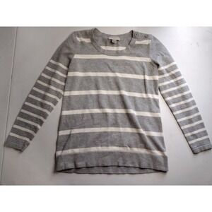 LOFT Petite Striped Crew Neck Button Shoulder Sweater Medium Petite Gray White